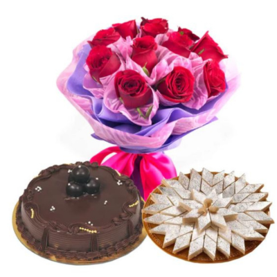 Red Roses and Sweets with Cake