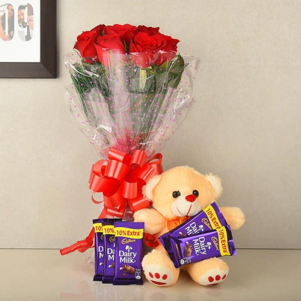 Teddy Bear With chocolates and Roses
