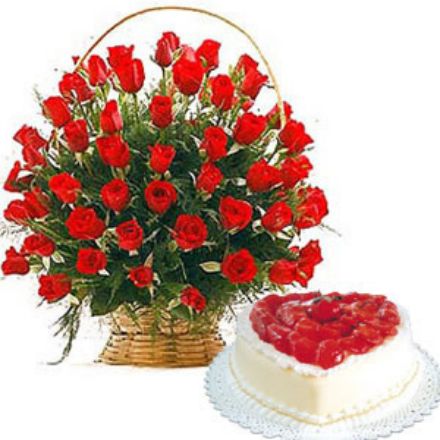 Red Roses Basket & Heart shaped cake